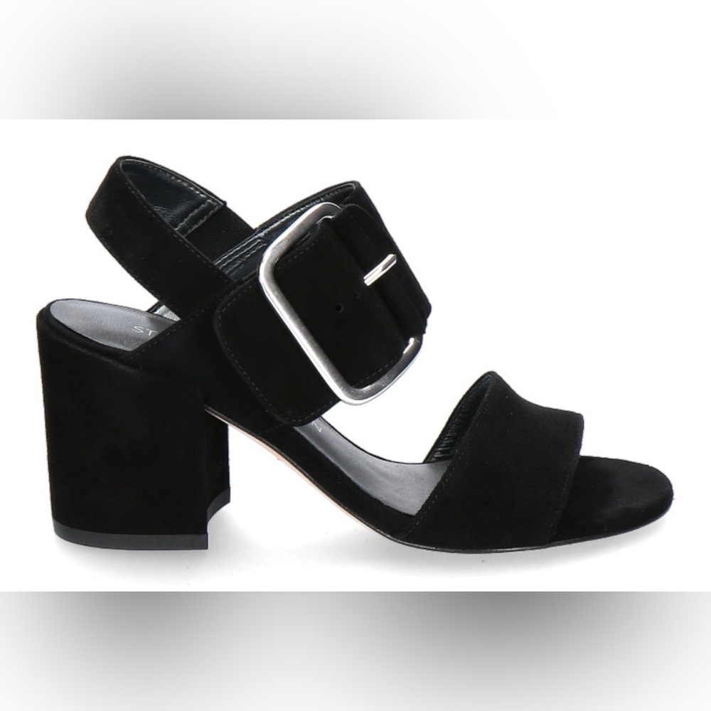 Stuart Weitzman Black suede Block Heel Sandals with Silver Buckle